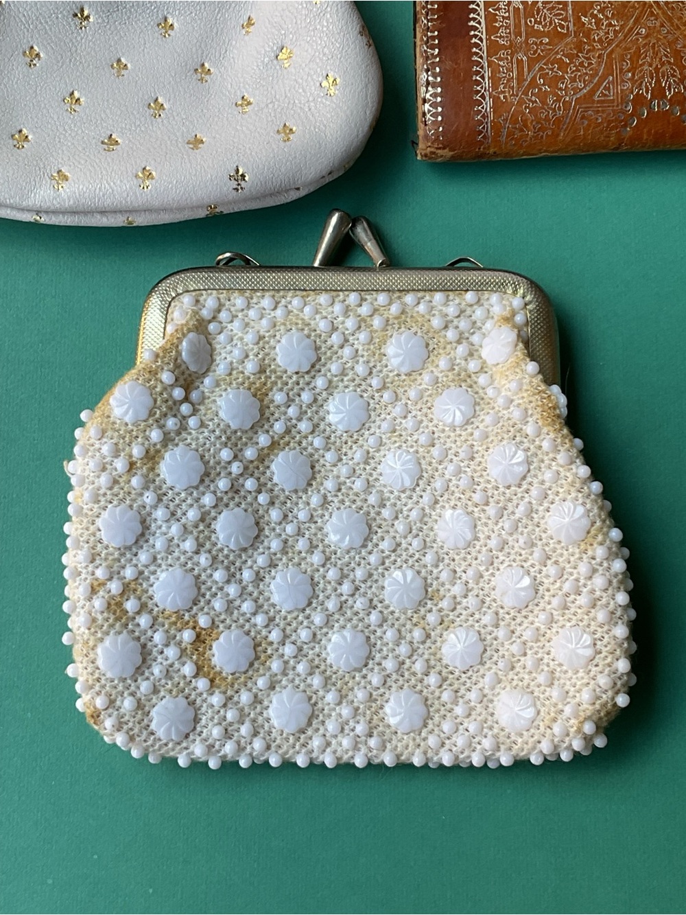3 Vintage Coin Purses White Brown Leather Italy Gold Fleur-de-lis Hong Kong - Picture 11 of 13